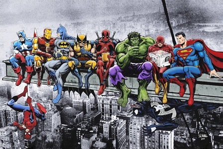 Superheroes Lunch on a Skyscraper batman superman spiderman hulk avenell